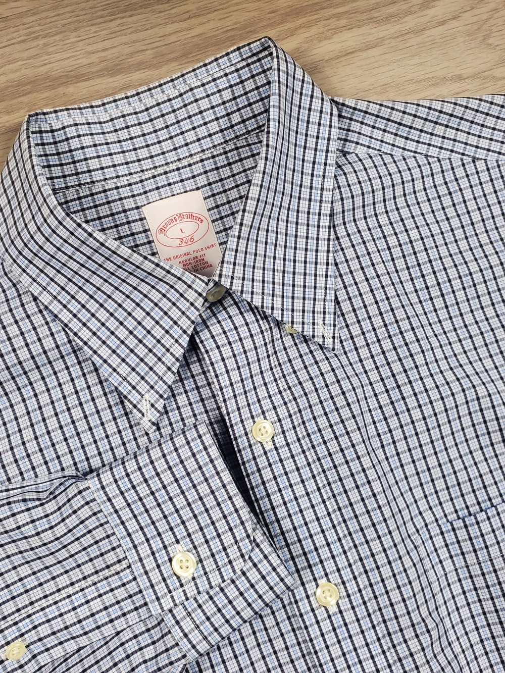 Brooks Brothers 346 Original Polo Shirt L Blue White Plaid Non-Iron
